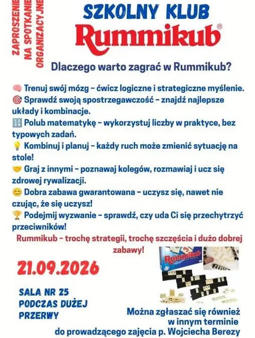 Szkolny Klub Rummikub w Zespole Szkół w Wąbrzeźnie zaprasza na pierwsze spotkanie