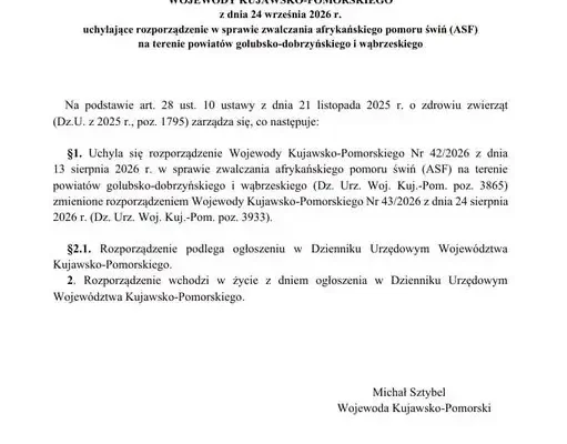 ASF w Kujawsko-Pomorskiem: wojewoda uchylił rozporządzenie dla dwóch powiatów