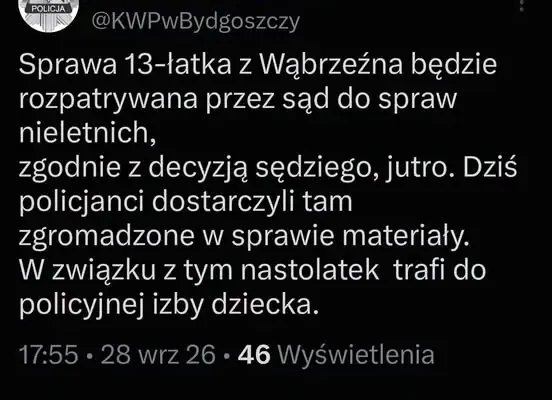 13-latek z Wąbrzeźna przed sądem rodzinnym. Policja przekazała akta sprawy