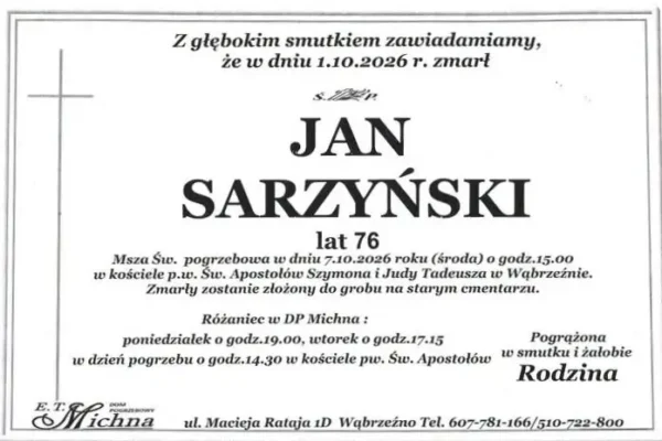 Zmarł Jan Sarzyński – wieloletni dyrektor Zespołu Szkół Zawodowych w Wąbrzeźnie