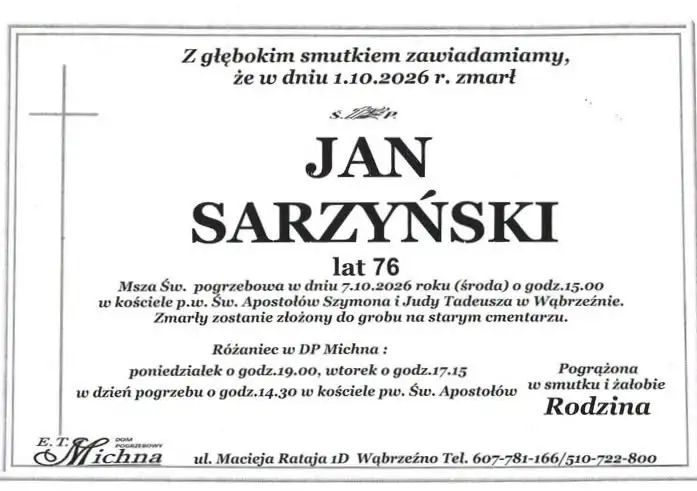 Zmarł Jan Sarzyński – wieloletni dyrektor Zespołu Szkół Zawodowych w Wąbrzeźnie