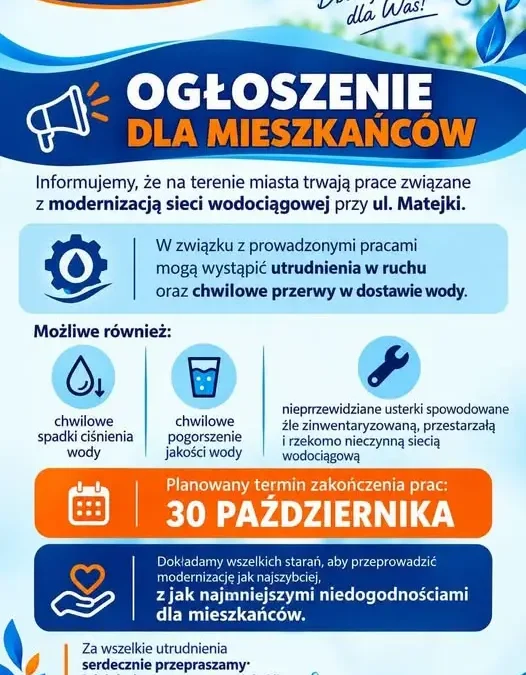 Modernizacja wodociągów przy ul. Matejki w Wąbrzeźnie – możliwe utrudnienia