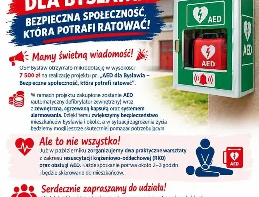 AED dla Bysławia – OSP otrzymała mikrodotację na defibrylator i szkolenia