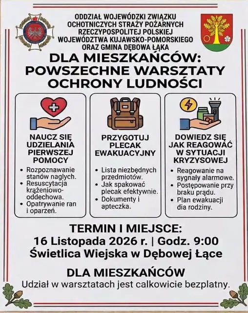 Dębowa Łąka: bezpłatne warsztaty ochrony ludności – 16 listopada 2026